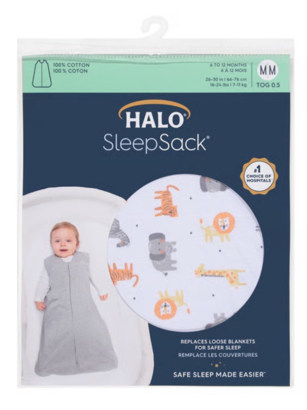 NWT Halo - 100% Cotton Sleep Sack, 6-12 Months, 0.5 Tog, Animals